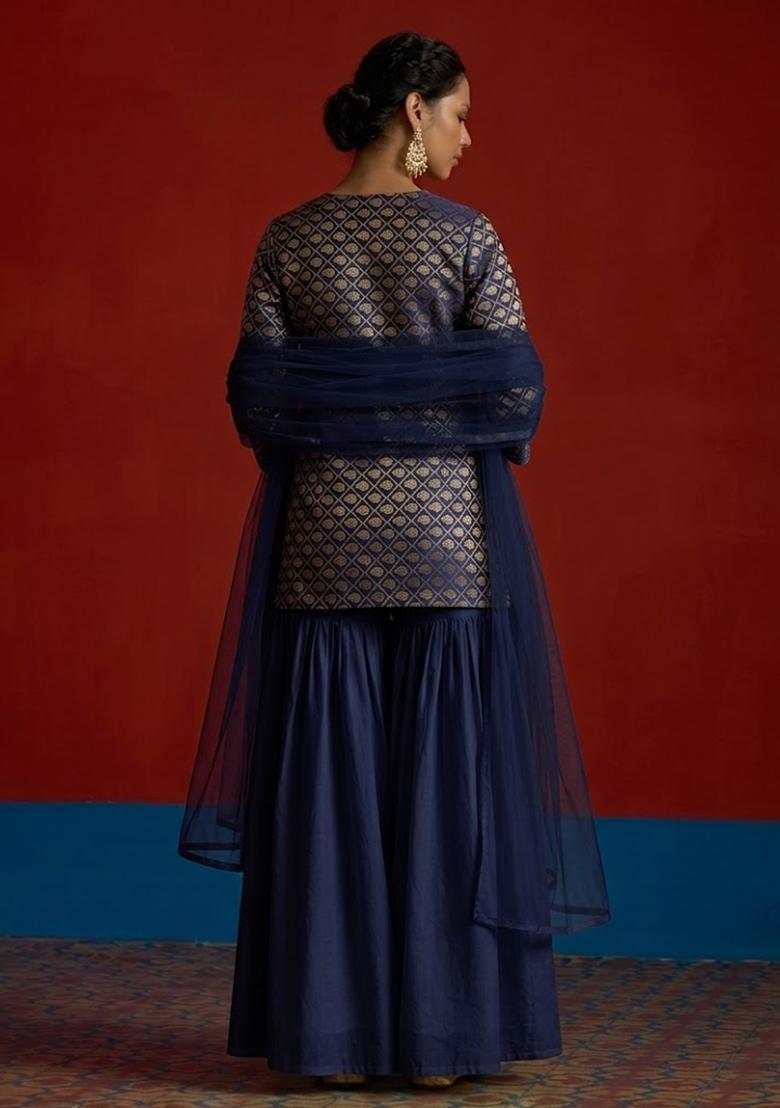 Navy Blue Brocade Sharara Set - Indya