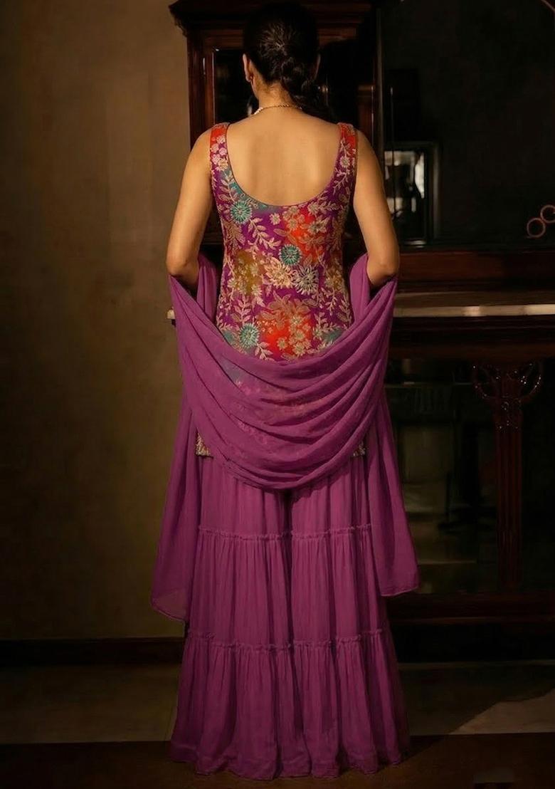 Magenta Sequin Crepe Sharara Set - Indya