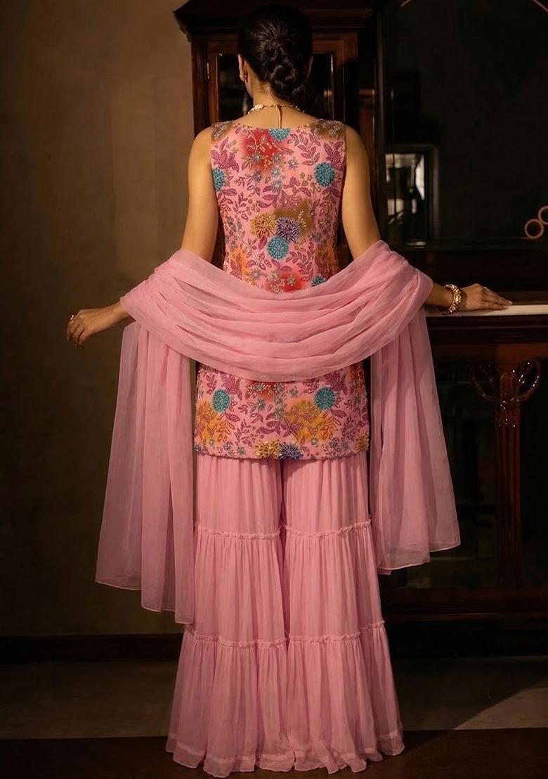 Baby Pink Sequin Crepe Sharara Set - Indya