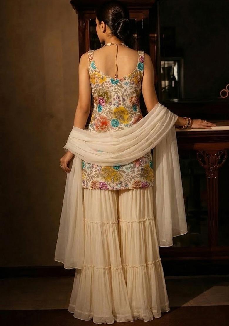 Off White Sequin Crepe Sharara Set - Indya