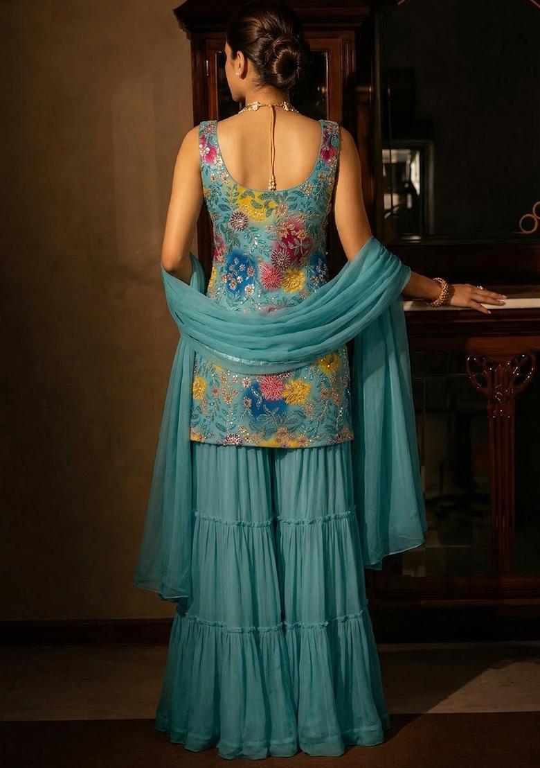 Aqua Blue Sequin Crepe Sharara Set - Indya