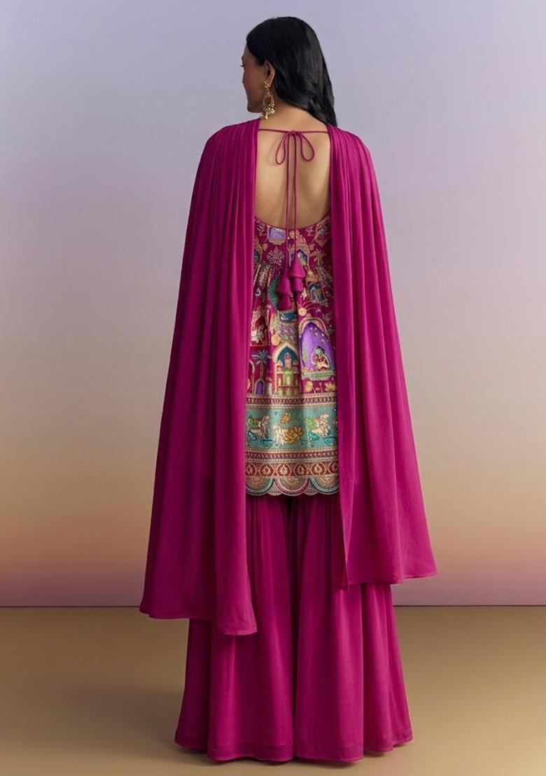 Hot Pink Figure Print Georgette Sharara Set - Indya