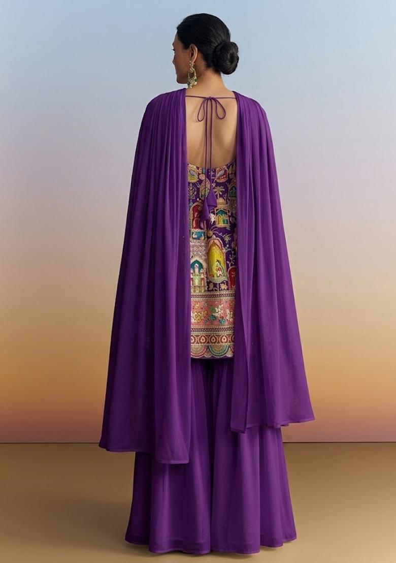 Royal Purple Figure Print Georgette Sharara Set - Indya