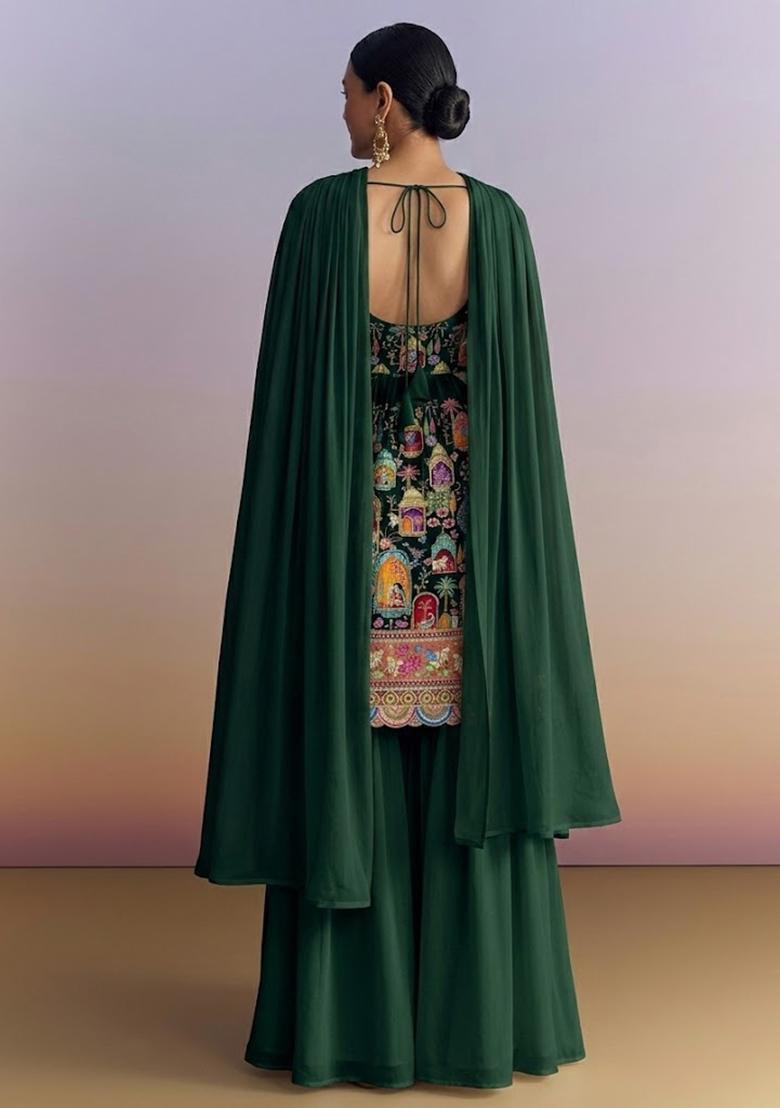 Green Figure Print Georgette Sharara Set - Indya