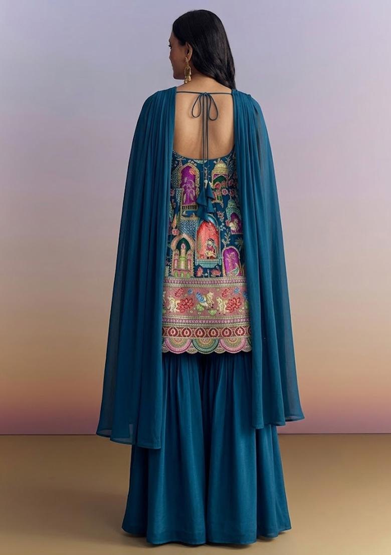 Teal Blue Figure Print Georgette Sharara Set - Indya