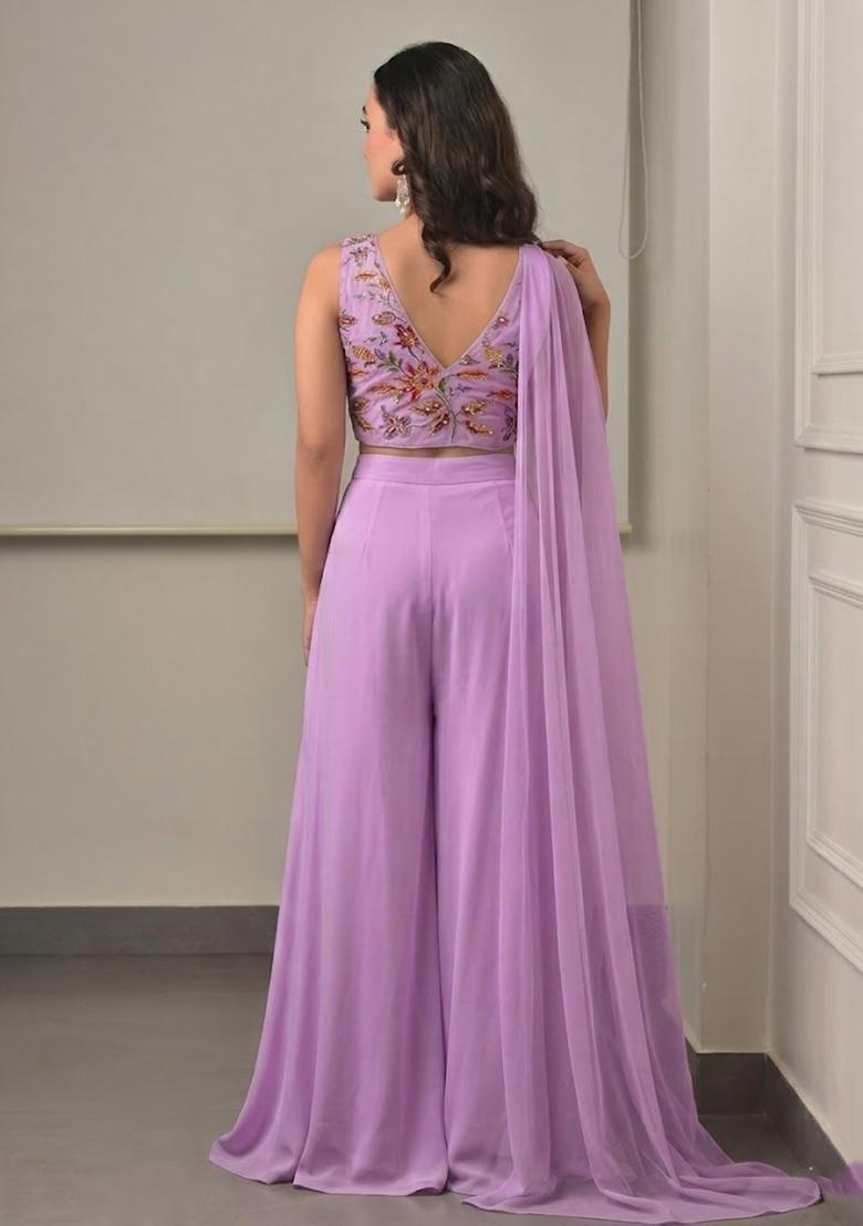 Lavender Embroidered Organza Fusion Set - Indya