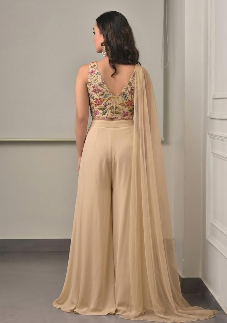 Beige Embroidered Organza Fusion Set - Indya
