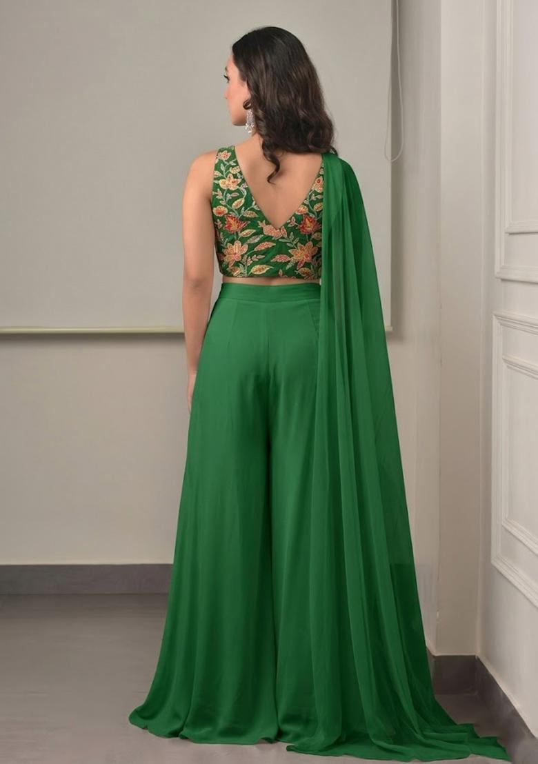 Emerald Green Embroidered Organza Fusion Set - Indya
