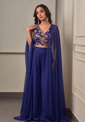 Navy Blue Embroidered Organza Fusion Set