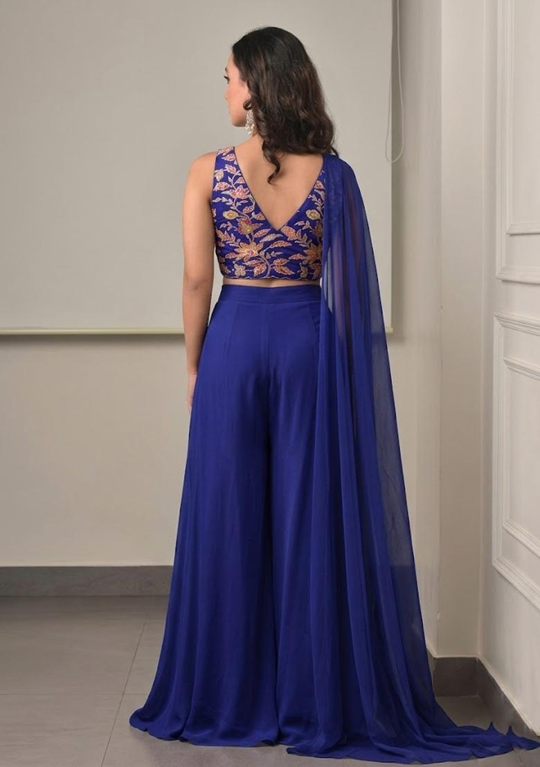 Navy Blue Embroidered Organza Fusion Set - Indya