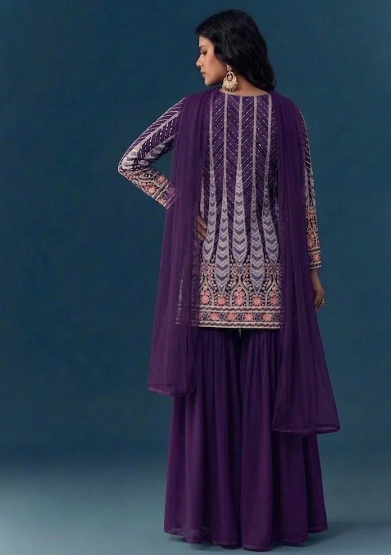 Dark Purple Sequin Crepe Sharara Set - Indya