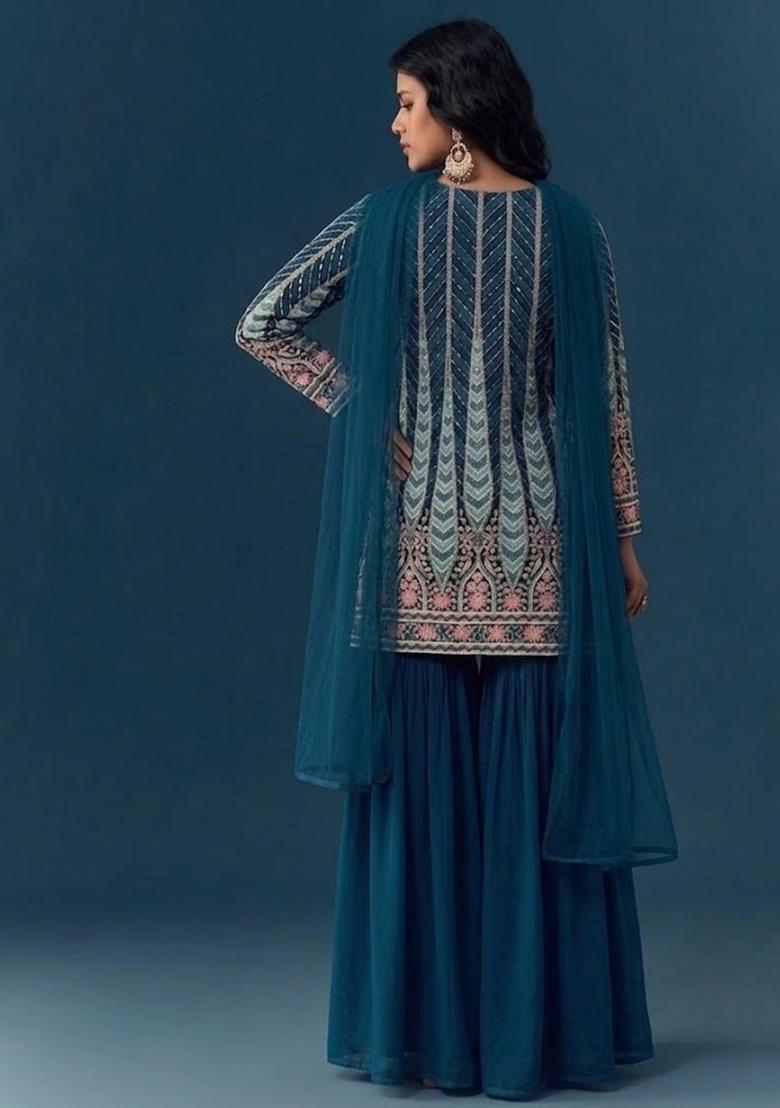 Teal Blue Sequin Crepe Sharara Set - Indya