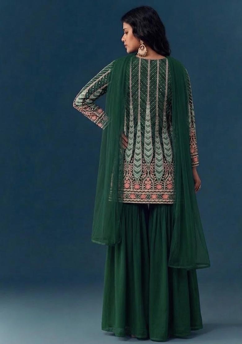 Green Sequin Crepe Sharara Set - Indya