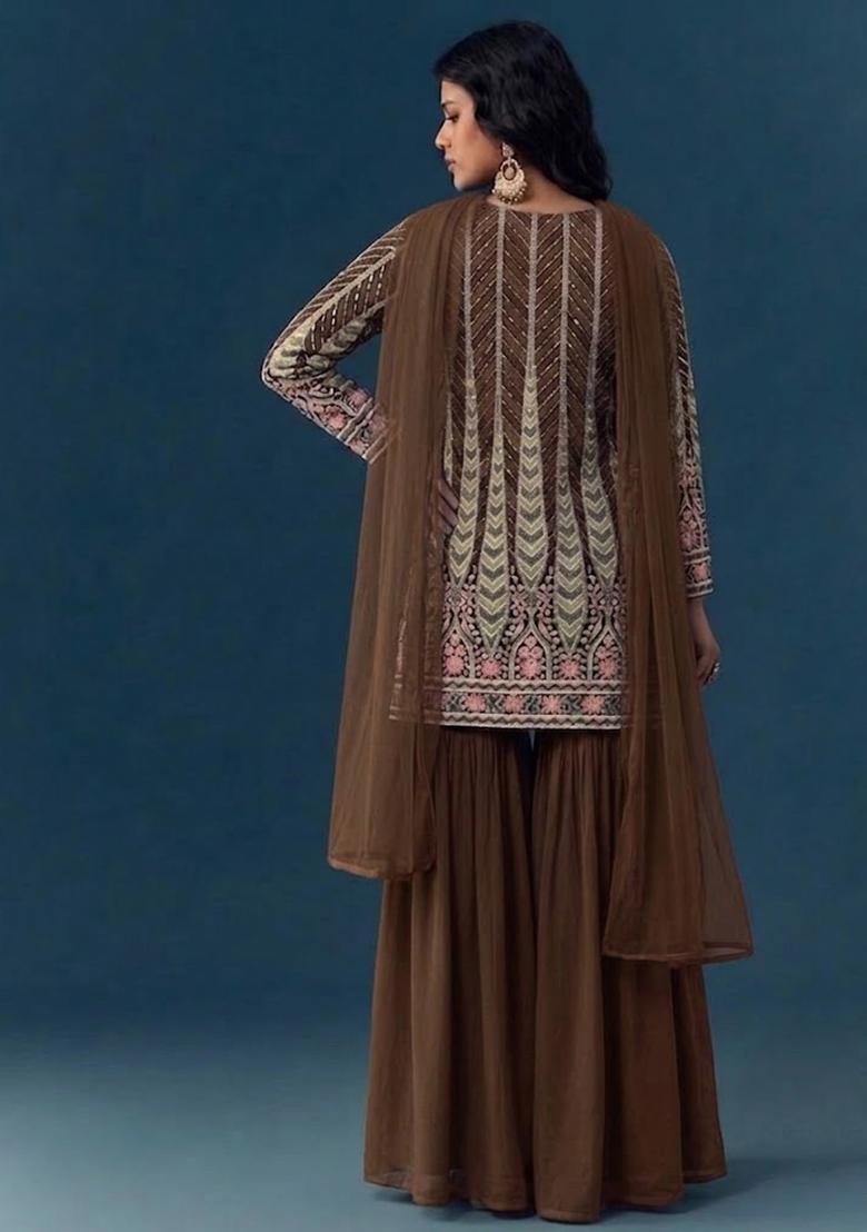Brown Sequin Crepe Sharara Set - Indya