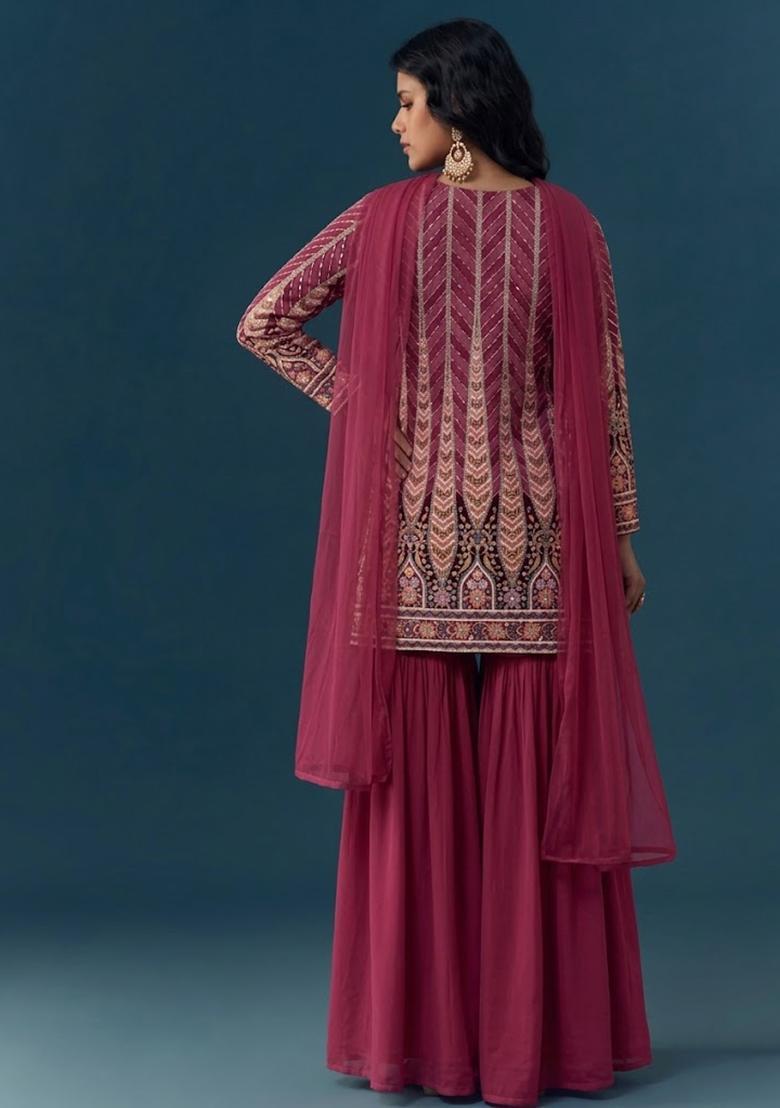 Pink Sequin Crepe Sharara Set - Indya