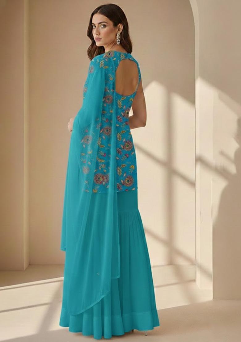 Aqua Blue Embroidered Crepe Sharara Set - Indya