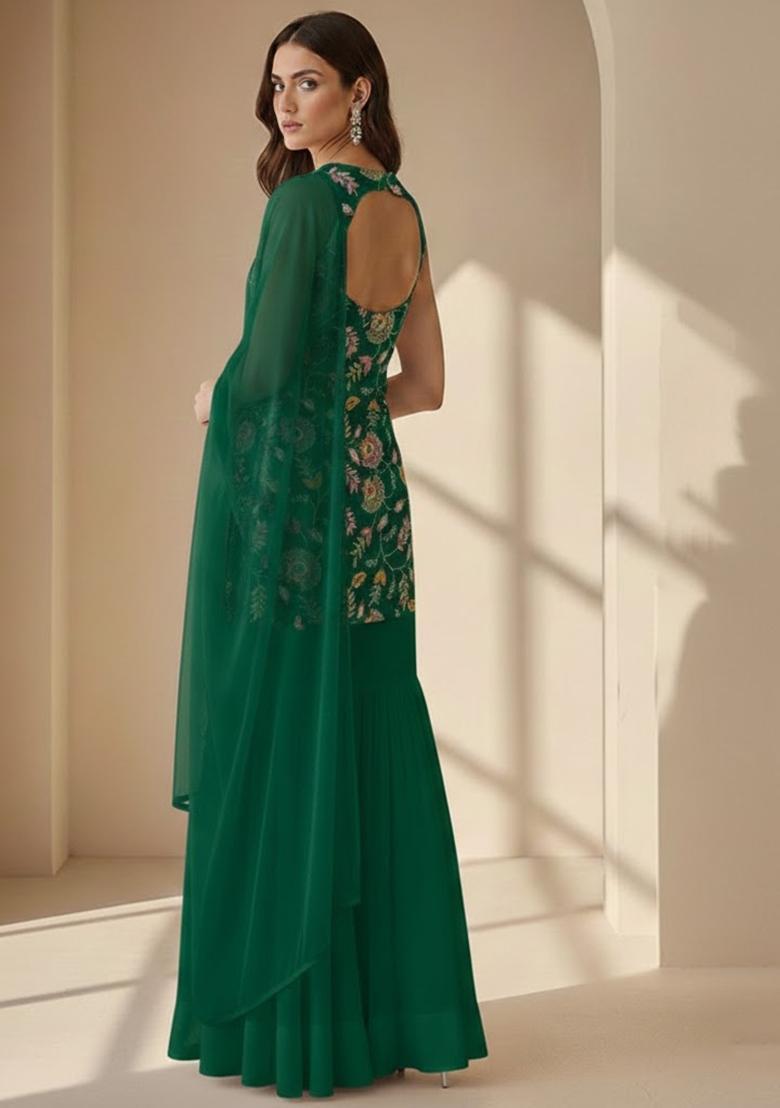 Green Embroidered Crepe Sharara Set - Indya