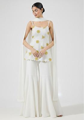 Ivory Embroidered Crepe Sharara Set