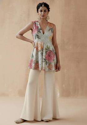 Ivory Embroidered Crepe Fusion Set