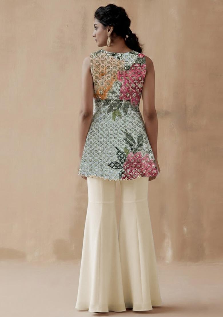 Ivory Embroidered Crepe Fusion Set - Indya