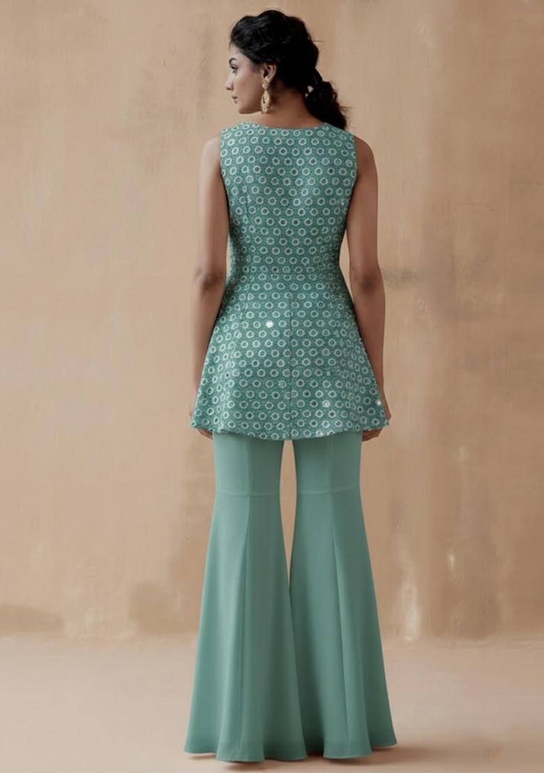 Teal Green Mirror Georgette Fusion Set - Indya