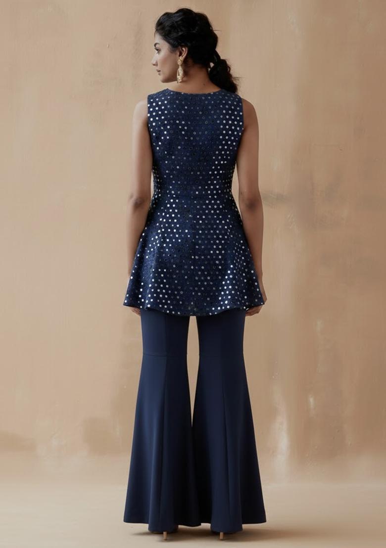 Navy Blue Mirror Georgette Fusion Set - Indya
