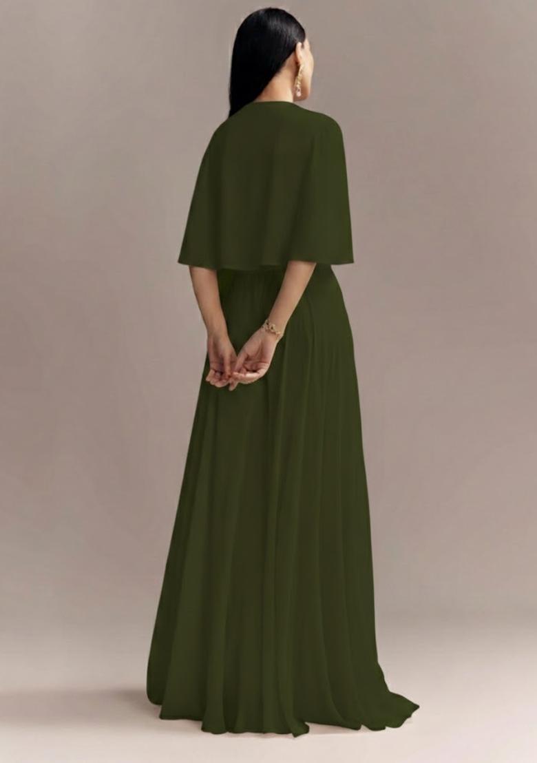 Olive Green Embroidered Georgette Fusion Set - Indya