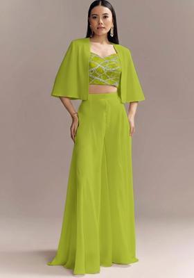 Lime Green Embroidered Georgette Fusion Set