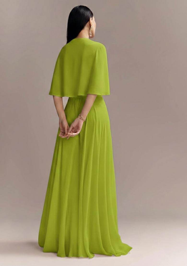 Lime Green Embroidered Georgette Fusion Set - Indya
