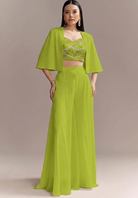 Lime Green Embroidered Georgette Fusion Set