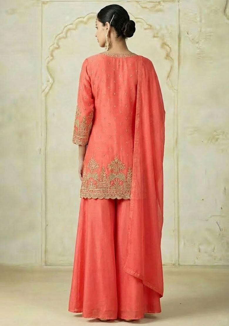 Coral Red Chinon Sharara Set - Indya
