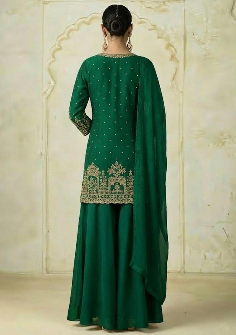 Green Chinon Sharara Set - Indya