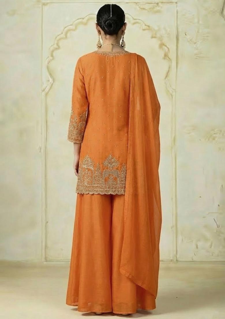 Orange Chinon Sharara Set - Indya