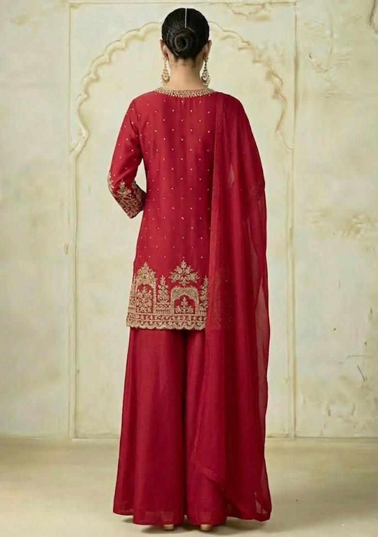 Red Chinon Sharara Set - Indya