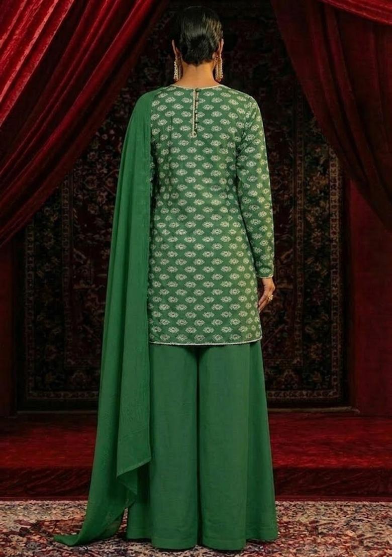 Bottle Green Printed Satin Sharara Set - Indya