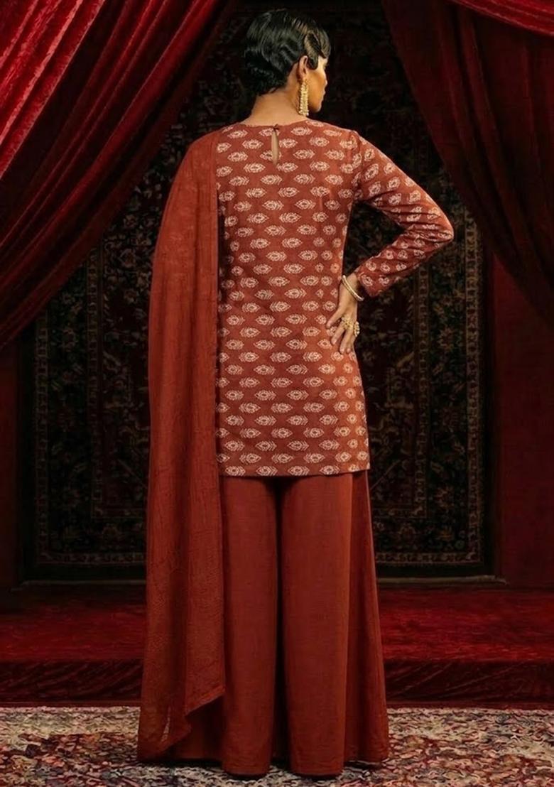 Orange Printed Satin Sharara Set - Indya