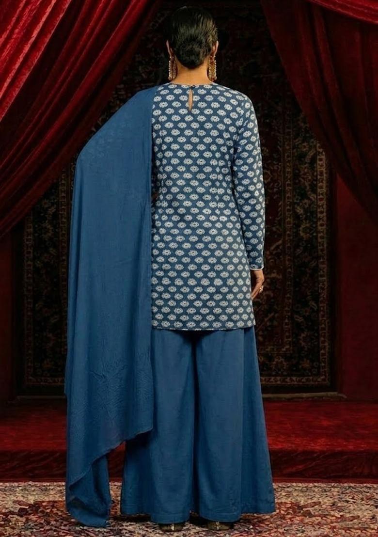 Blue Printed Satin Sharara Set - Indya