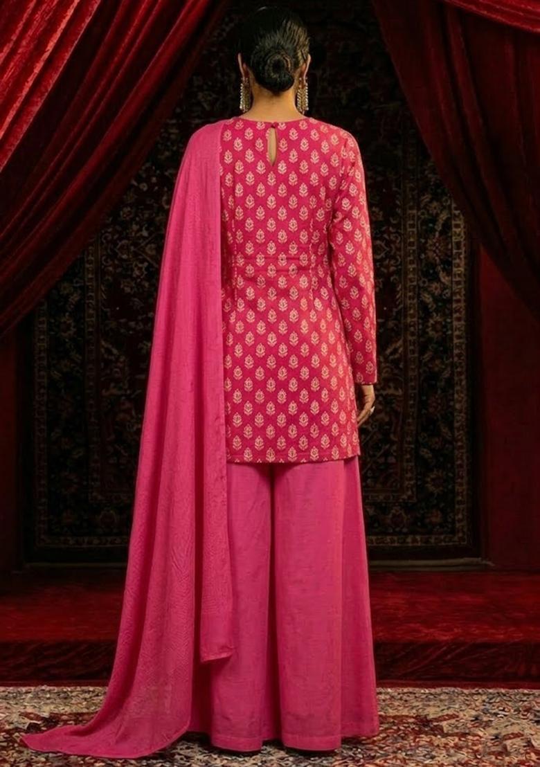 Pink Printed Satin Sharara Set - Indya