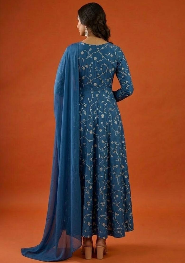 Steel Blue Tissue Anarkali With Dupatta - Indya