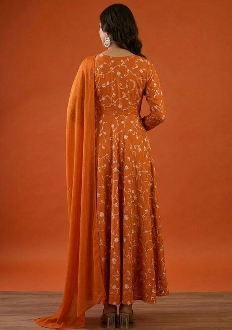 Orange Tissue Anarkali With Dupatta - Indya