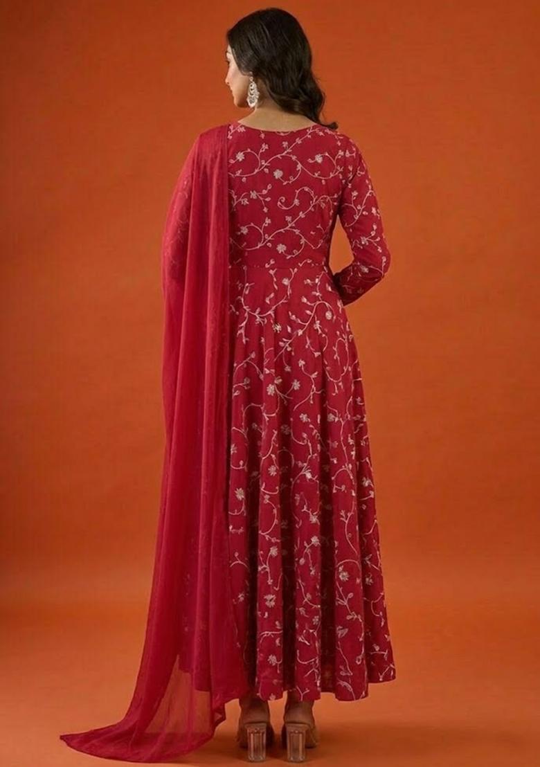 Red Tissue Anarkali With Dupatta - Indya