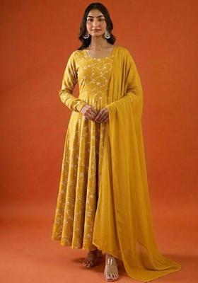 Yellow Tissue Anarkali With Dupatta