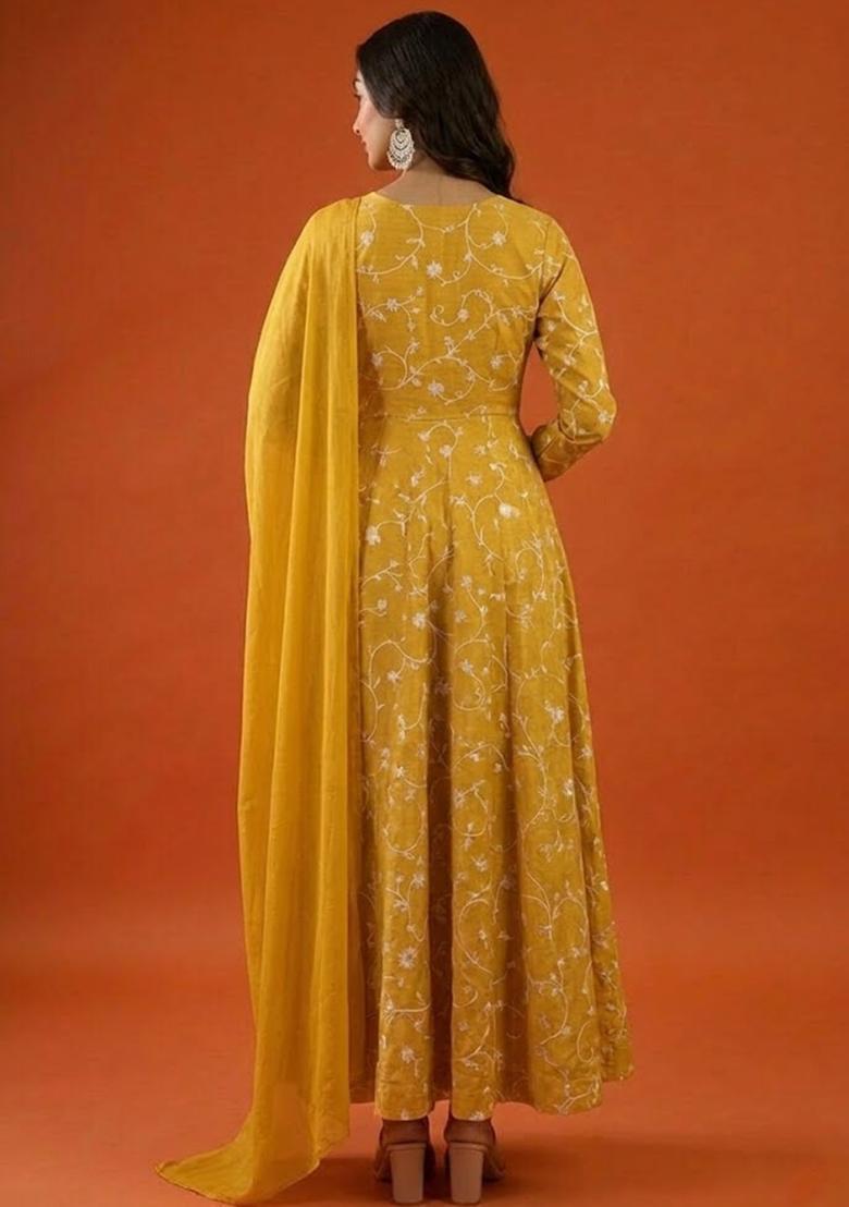 Yellow Tissue Anarkali With Dupatta - Indya