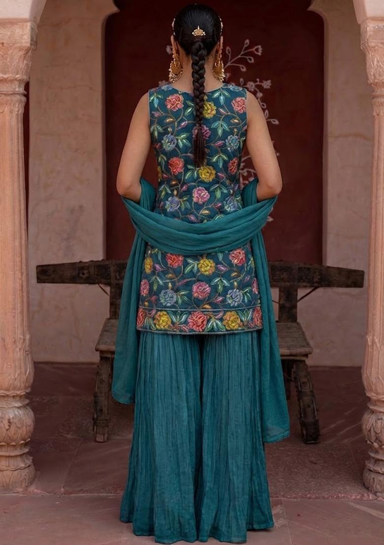 Teal Printed Crepe Sharara Set - Indya