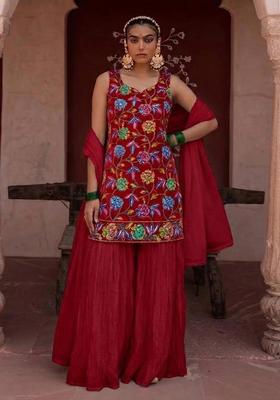 Red Sequin Crepe Sharara Set
