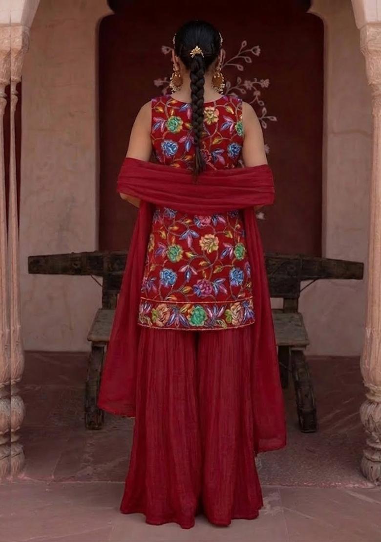 Red Sequin Crepe Sharara Set - Indya
