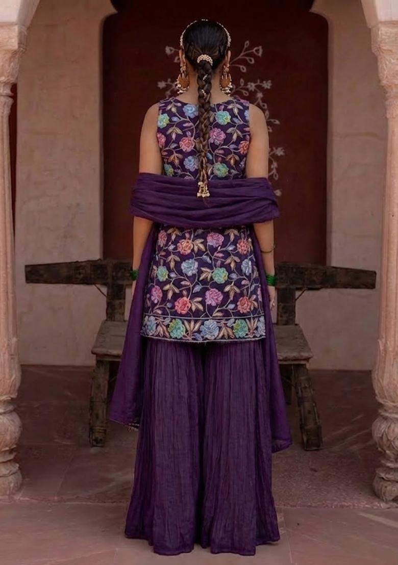 Wine Sequin Crepe Sharara Set - Indya