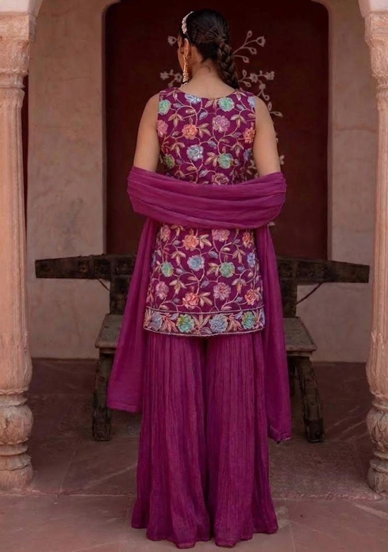 Purple Sequin Crepe Sharara Set - Indya