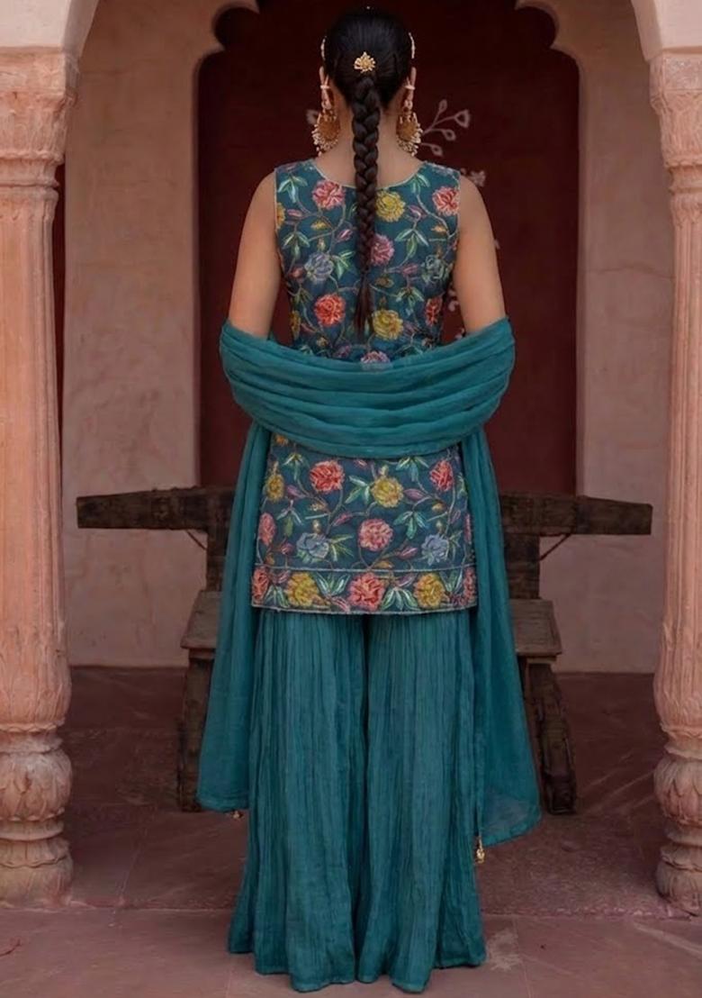 Blue Sequin Crepe Sharara Set - Indya