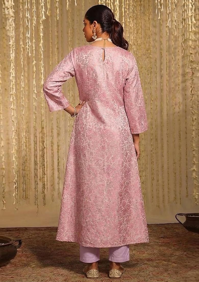 Pink Silk Blend Kurta Set - Indya